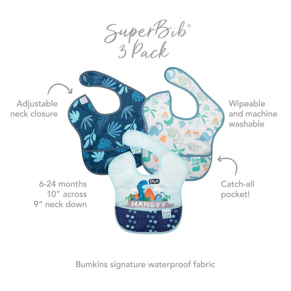 Bumkins Superbib 3 Pack Boy Dino Σαλιάρα Αδιάβροχη
