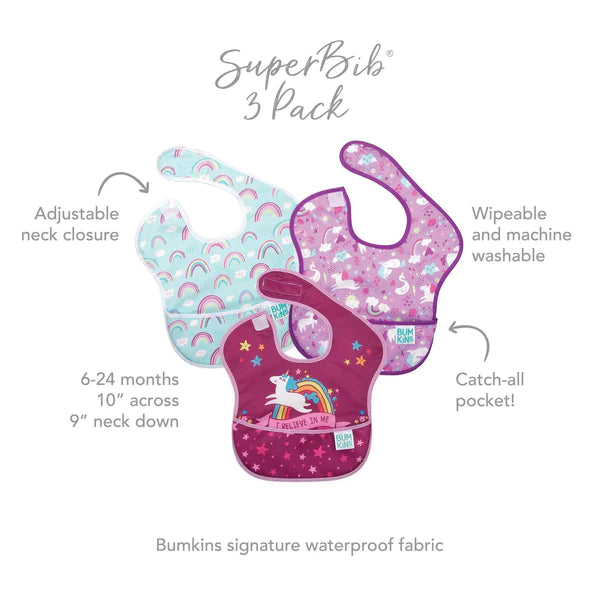 Bumkins Superbib 3 Pack Girl Unicorns Σαλιάρα Αδιάβροχη